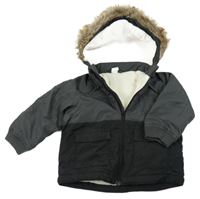 Šedo-černá šusťáková zateplená bunda s kapucí s kožešinou H&M