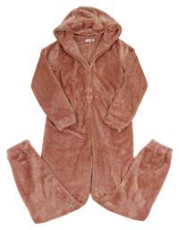 Starorůžová plyšová kombinéza s kapucí 
