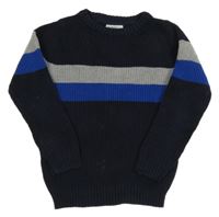 Tmavomodrý svetr s šedým a modrým pruhem 