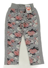 Nové - šedo-růžové květované tepláky 