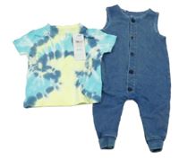 Nové - 2 set - modrý teplákový overal + žluto-modré batikované tričko Pep&Co