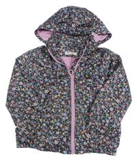 Tmavomodro-barevná květovaná šusťáková podzimní bunda s kapucí H&M