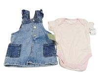 2set - Růžovo-bílé pruhované body + modré riflové laclové šaty 