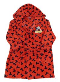 Červeno-tmavomodrý vzorovaný plyšový župan s mašinkou Tomášem a kapucí