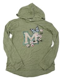 Zelený lehký úpletový svetr s písmenem a kapucí H&M