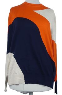Dámský oranžovo-tmavomodro-smetanový vzorovaný vlněný svetr M&S