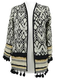 Nové - Dámský černo-bílo-žlutý vzorovaný sakový cardigán s cvočky a třásněmi River Island 