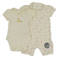 Nové - 2 set - smetanové body s žirafou + smetanový kraťasový overal se zvířátky a palmami M&S