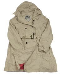 Béžový plátěný jarní kabát s páskem a kapucí 