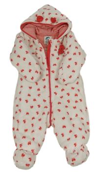 Bílo-červená chlupatá zateplená  kombinéza s mašličkami a kapucí 