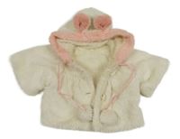 Smetanový chlupatý kabátek s bambulemi a kapucí 