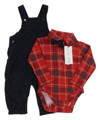 Nové - 3Set - Tmavomodré laclové manšestráky + červené kostkované košilové body + motýlek F&F