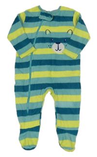 Zeleno-žlutý pruhovaný fleecový overal s medvídkem 