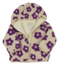 Smetanovo-tmavofialová květovaná huňatá zateplená bunda s kapucí Tu