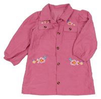 Růžové manšestové košilové propínací šaty s květy 