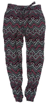 Černo-bílo-růžové vzorované volné kalhoty Yd.