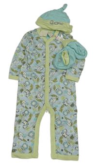 Nové - 3set - Světlemodro-světlezelený overal se zvířátky + čepice + capáčky