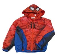 Červeno-tmavomodrá šusťáková jarní bunda se Spider-manem a kapucí H&M