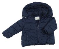 Tmavomodrá šusťáková prošívaná zimní bunda s puntíky a kapucí Primark