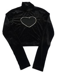 Černé sametové crop triko se síťovinou a kamínky 