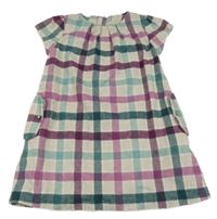 Béžovo-růžovo-zelené kostkované vlněné šaty 