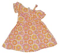 Růžovo-oranžové kytičkované bavlněné šaty s volánky LC Waikiki