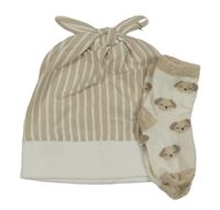 2set - Béžovo-bílá pruhovaná čepice + ponožky s pejsky