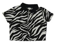 Černo-bílo/světlešedé vzorované úpletové polo crop tričko RIVER ISLAND