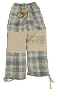 Nové - světlebéžovo-tmavomodré kostkované plátěné kalhoty s nápisy Think Pink