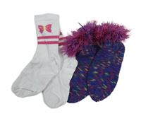 2x - Ponožky - Bílé s motýlkem a pruhy vel. 31-34, barevné pletené s chlupatým kanýrkem 