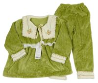 Nové - 2Set - Olivovo-smetanová žebrovaná plyšová tunika s volánkem s madeirou a límcem s kytičkami + kalhoty