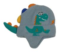 Světlemodrošedá žebrovaná pletená čepice s dinosaurem 