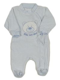 Světlemodro-bílý pruhovaný sametový overal s medvídkem