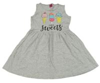 Šedé melírované šaty se zmrzlinkami a nanukem a nápisy Y.F.K.