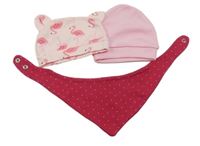 3Set - 2x - Čepice - Světlerůžová s plameňáky a oušky, růžová + 1x - malinový puntíkatý šátek