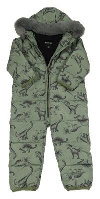 Khaki prošívaná šusťáková zimní kombinéza s dinosaury a kapucí s kožešinou Firetrap