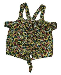 Černo-barevný kytičkovaný crop top s uzlem Next