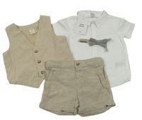 4set - Bílá košile + béžová lněná vesta + kraťasy + motýlek H&M