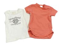 2set - Korálové puntíkaté body + bílý žebrovaný top s nápisem