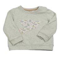 Světlešedá melírovaná mikina s ptáčkem s květy