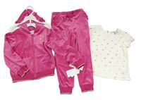 Nové - 3set - Fuchsiová plyšová propínací mikina s hvězdami a kapucí + tepláky + bílé triko s hvězdami