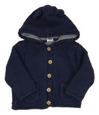 Tmavomodrý podšitý propínací svetr s kapucí s oušky