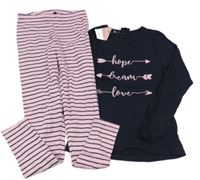 Nové - 2set - Tmavomodré triko s nápisem + růžovo-černé pruhované legíny Alive