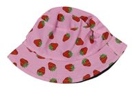 Růžový plátěný oboustranný klobouk s jahodami 