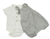 2 set - Bílé lněné body s límečkem + šedé pruhované laclové kraťasy Next