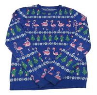Modrý vánoční svetr s plameňáky a stromky M&S