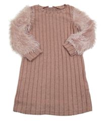 Starorůžové úpletové žebrované šaty s chlupatými rukávy shein