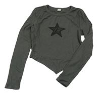 Tmavošedé žebrované crop triko s hvězdou shein