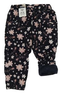 Nové - Tmavomodro-růžové květované manšestrové podšité kalhoty Pep&Co