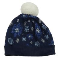 Tmavomodrá pletená čepice s vločkami a bambulí 